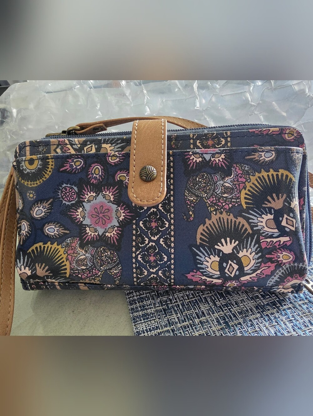 SAKROOT Women's Navy Floral Wristlet Wallet with Tan Trim